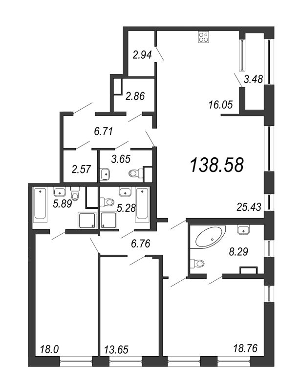 4-комнатная квартира, 138.58 м² в ЖК "Дефанс Премиум" - планировка, фото №1
