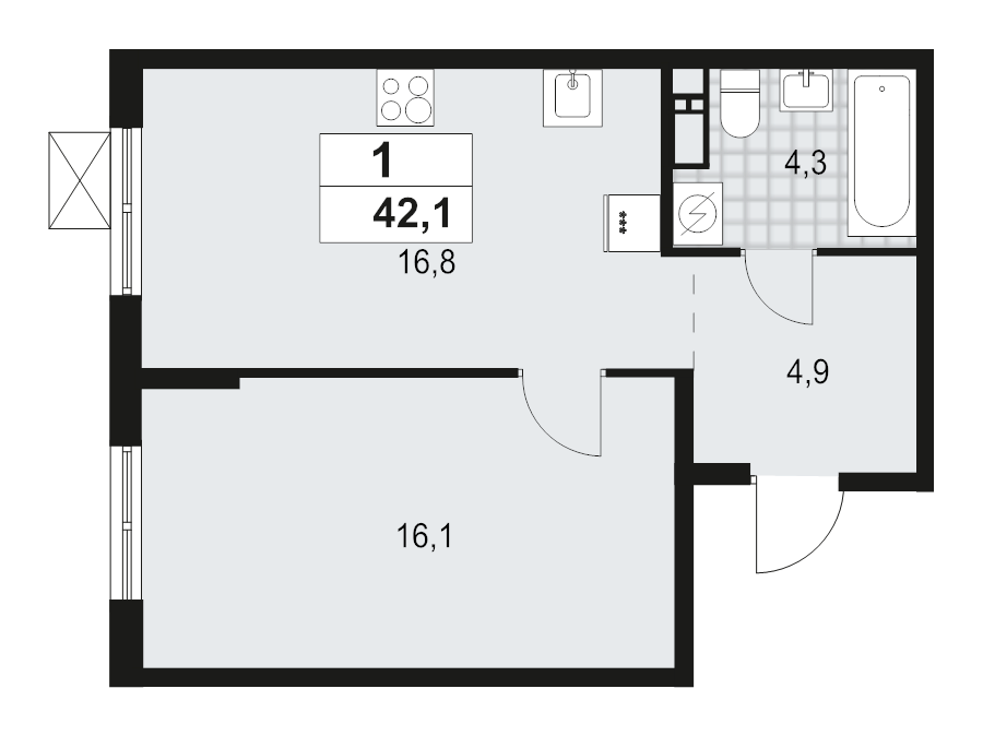 2-комнатная (Евро) квартира, 42.1 м² - планировка, фото №1