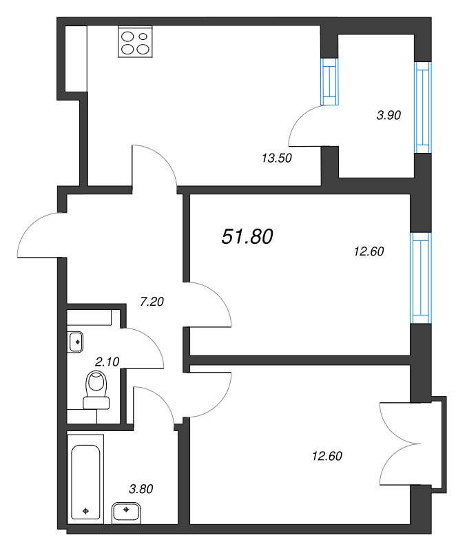 2-комнатная квартира, 51.8 м² - планировка, фото №1
