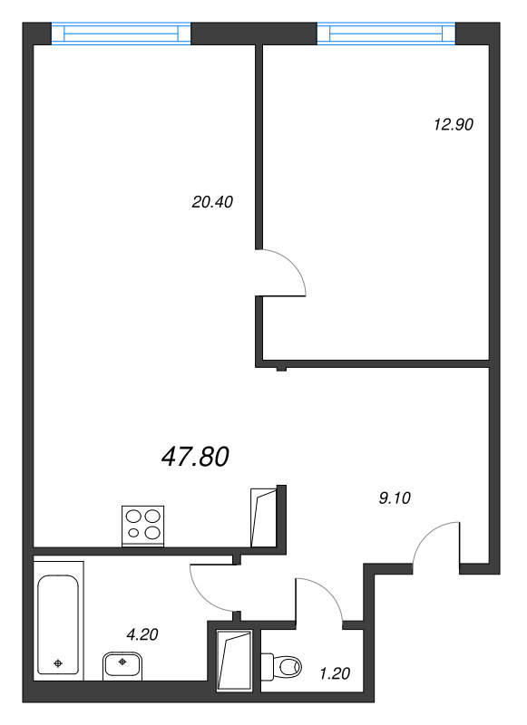 2-комнатная (Евро) квартира, 47.8 м² в ЖК "Руднева 15" - планировка, фото №1