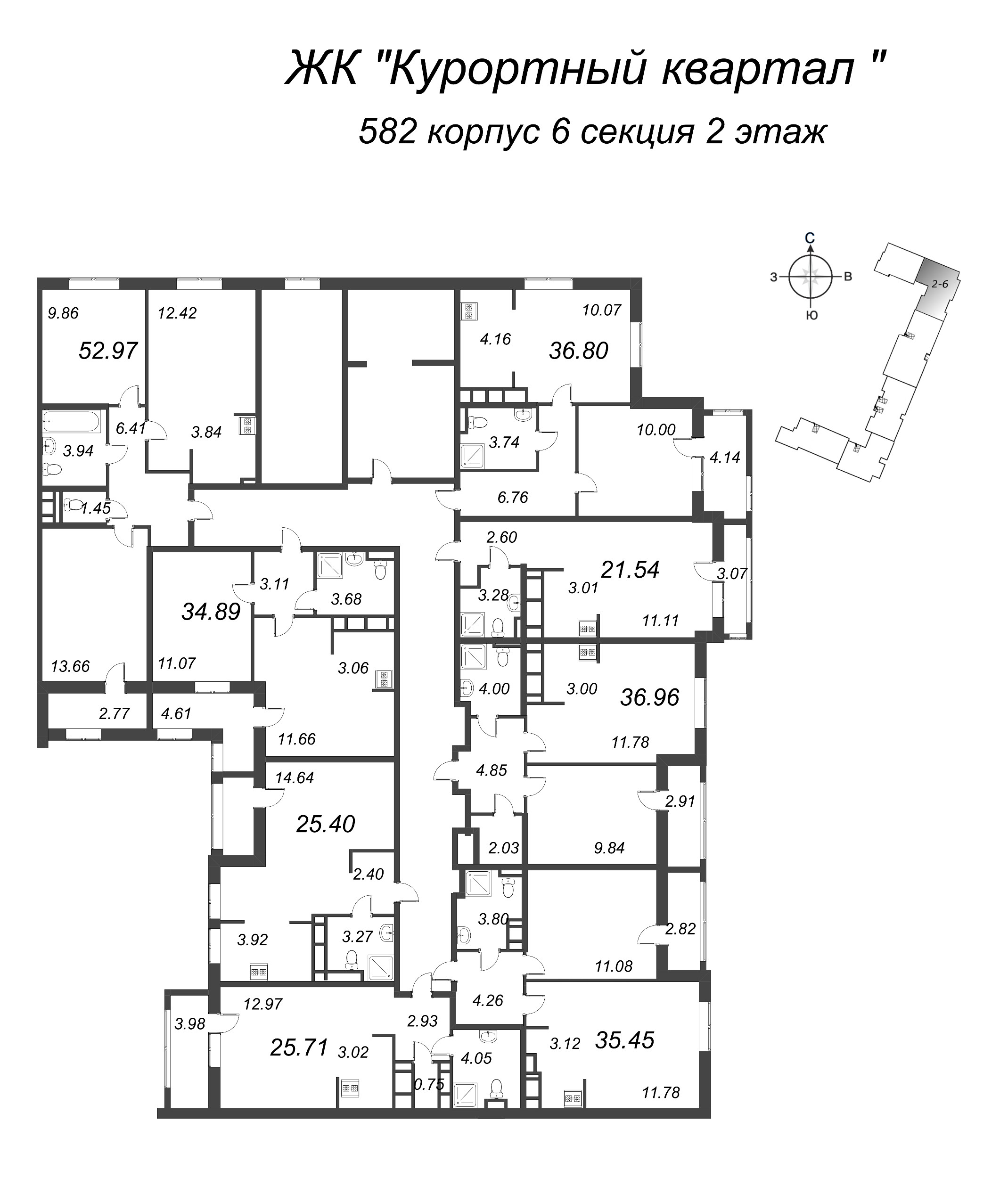 1-комнатная квартира, 34.89 м² в ЖК "Курортный Квартал" - планировка этажа