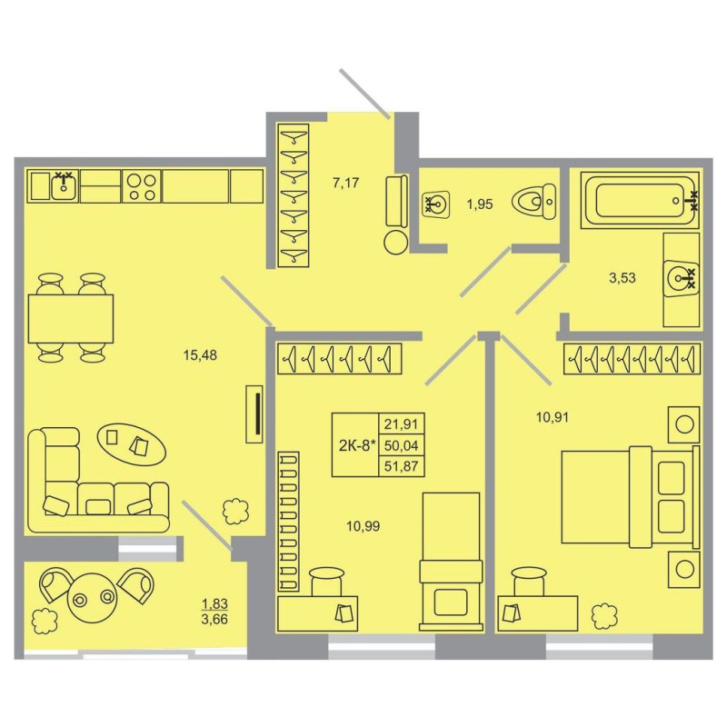 3-комнатная (Евро) квартира, 51.87 м² в ЖК "Стороны света-2" - планировка, фото №1