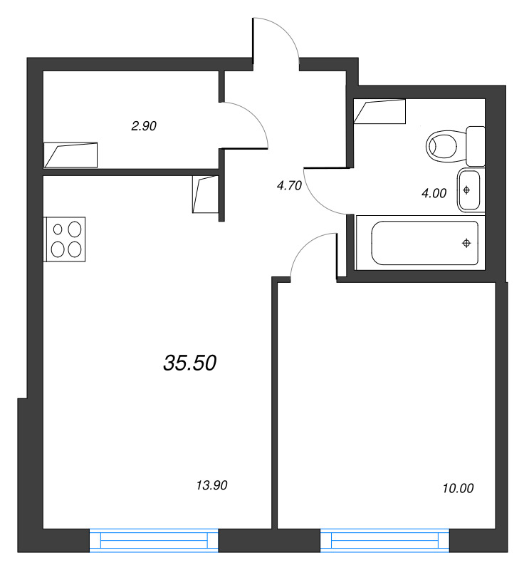 1-комнатная квартира, 35.5 м² в ЖК "Струны" - планировка, фото №1