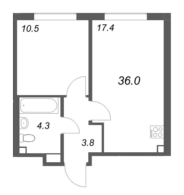 2-комнатная (Евро) квартира, 36 м² в ЖК "Пулково Лейк" - планировка, фото №1
