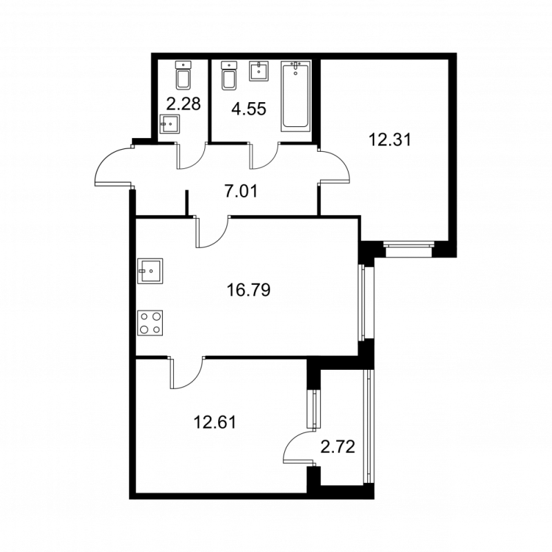 3-комнатная (Евро) квартира, 56.91 м² - планировка, фото №1