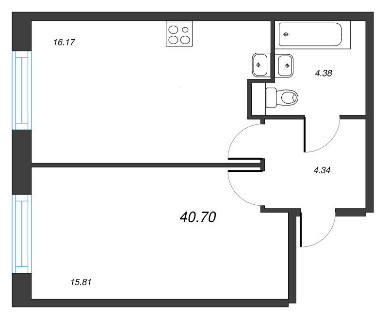 2-комнатная (Евро) квартира, 40.7 м² - планировка, фото №1