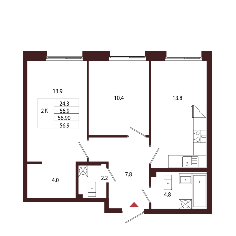 2-комнатная квартира, 56.9 м² - планировка, фото №1