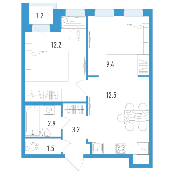 2-комнатная квартира, 42.3 м² - планировка, фото №1