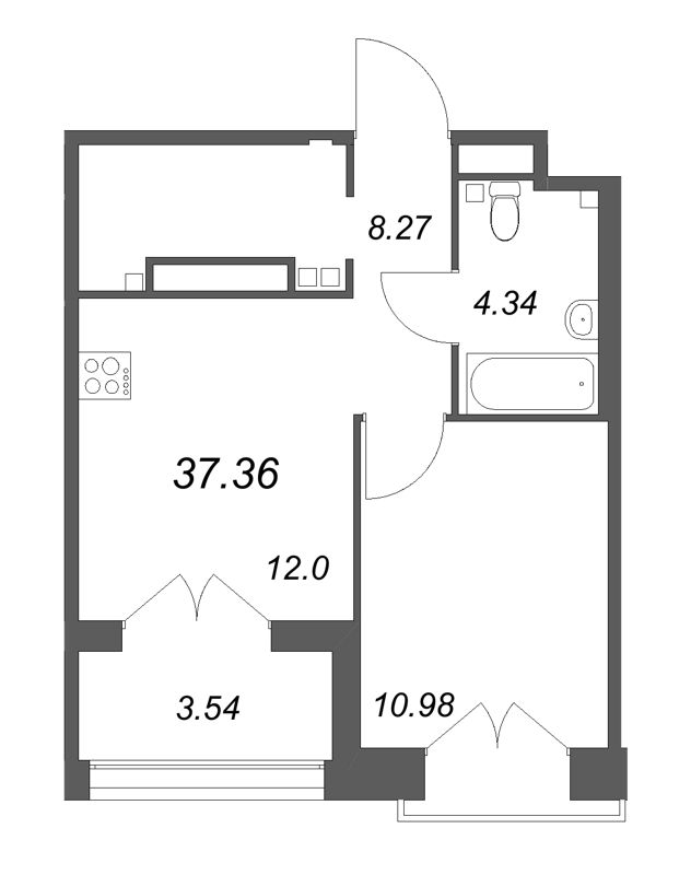 1-комнатная квартира, 37.36 м² - планировка, фото №1