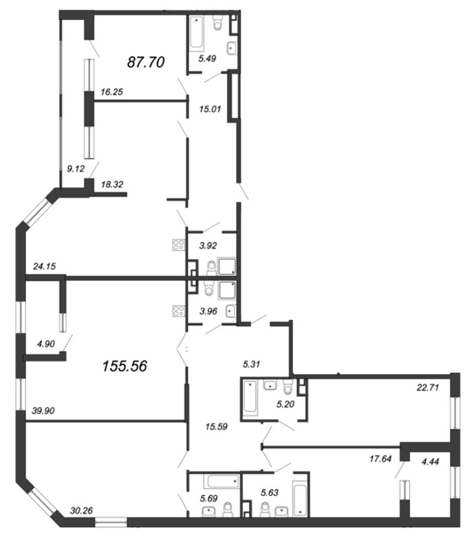 3-комнатная квартира, 157 м² - планировка, фото №1