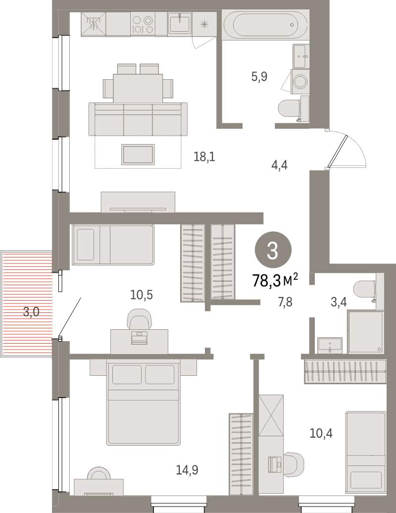 4-комнатная (Евро) квартира, 78.3 м² в ЖК "Северный ветер" - планировка, фото №1