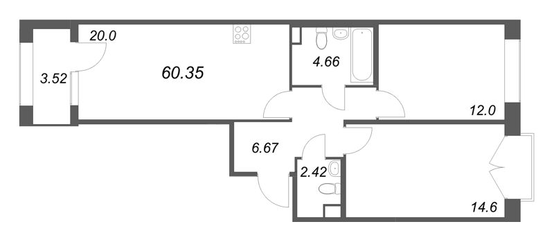 3-комнатная (Евро) квартира, 60.35 м² в ЖК "Дом на Курской" - планировка, фото №1