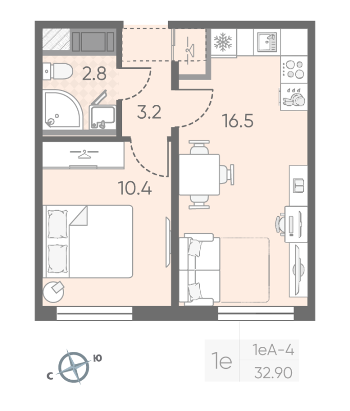 1-комнатная квартира, 32.9 м² в ЖК "Октябрьская набережная" - планировка, фото №1