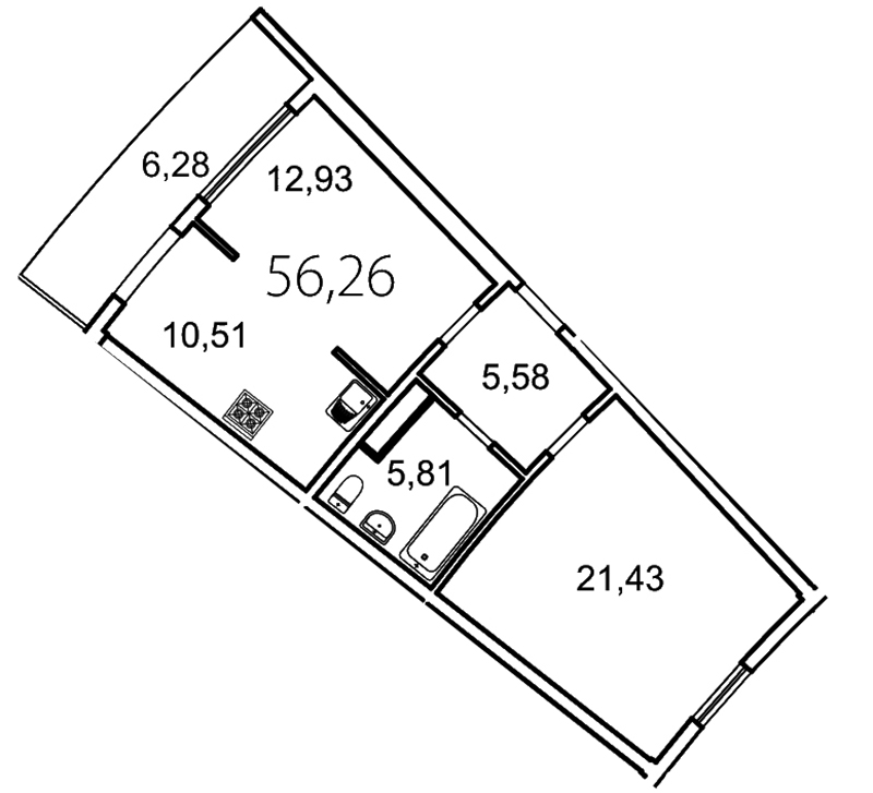 2-комнатная квартира, 58.1 м² - планировка, фото №1