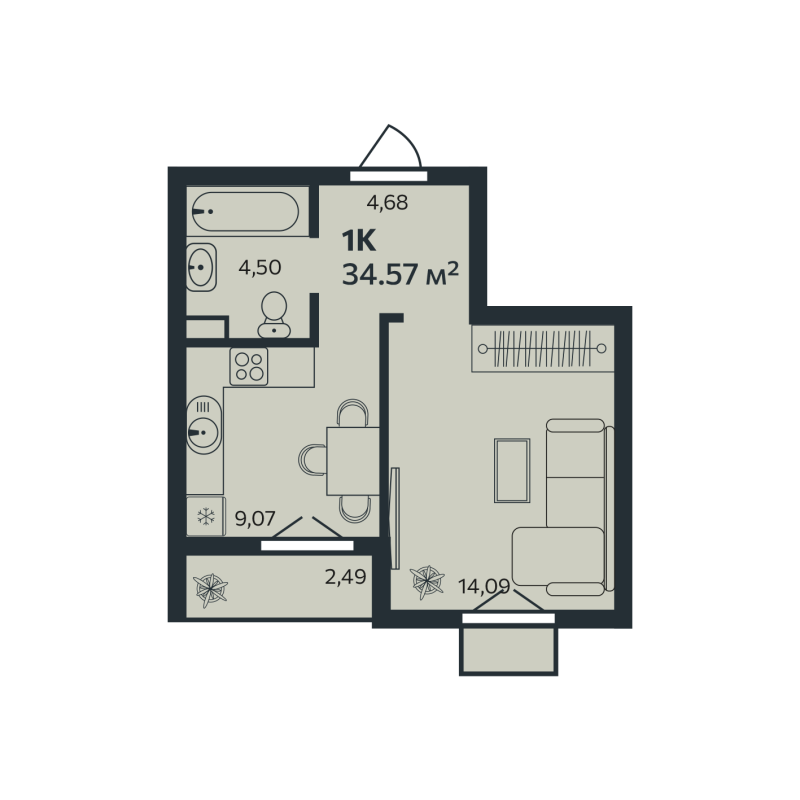 1-комнатная квартира, 34.57 м² в ЖК "Эдельвейс.Янино" - планировка, фото №1