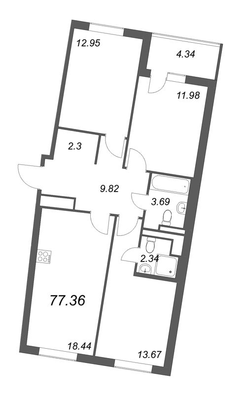 4-комнатная (Евро) квартира, 77.36 м² - планировка, фото №1