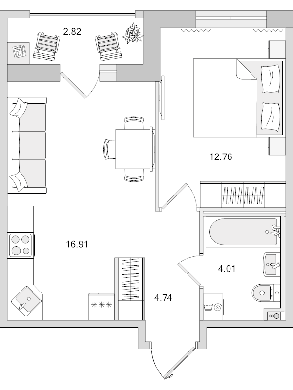 2-комнатная (Евро) квартира, 41.24 м² в ЖК "Город Первых" - планировка, фото №1