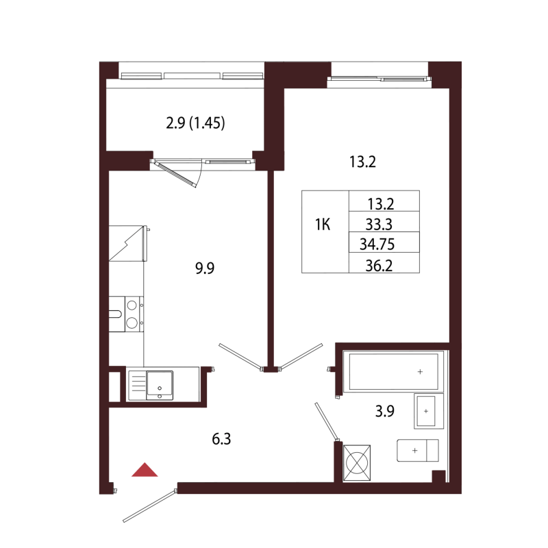 1-комнатная квартира, 34.75 м² в ЖК "Лисино" - планировка, фото №1