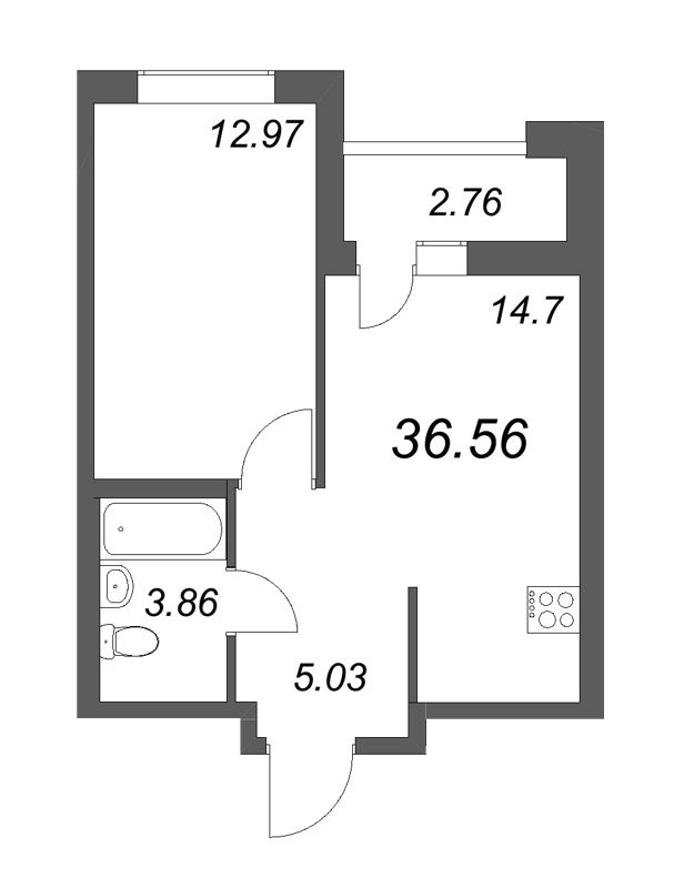 2-комнатная (Евро) квартира, 39.32 м² в ЖК "Город Первых" - планировка, фото №1