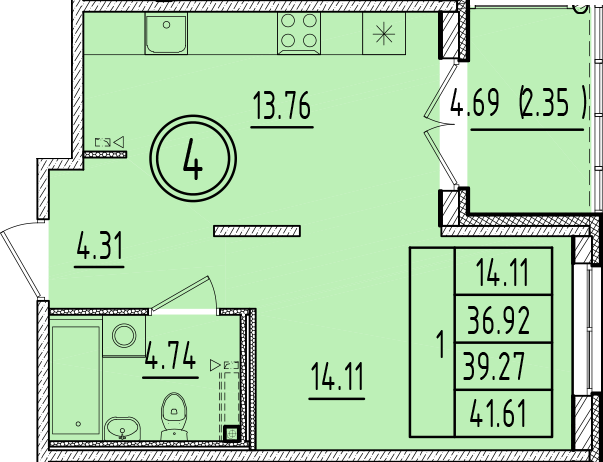 1-комнатная квартира, 36.92 м² в ЖК "Образцовый квартал 6.4" - планировка, фото №1