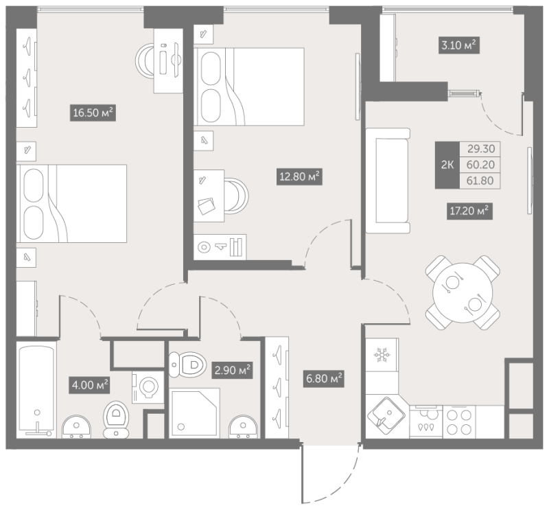 3-комнатная (Евро) квартира, 61.8 м² в ЖК "Квартал «Новый Московский»" - планировка, фото №1
