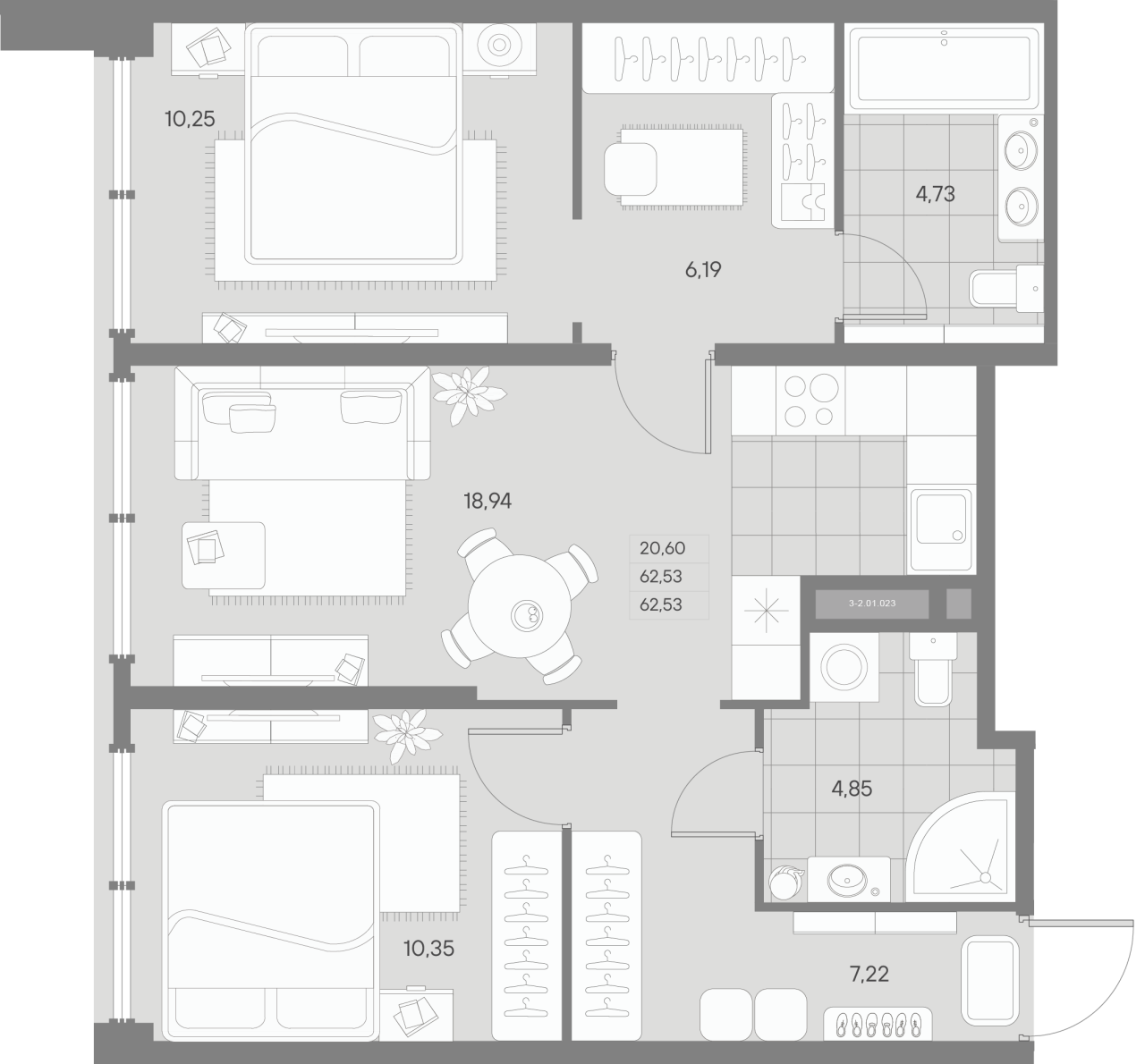 3-комнатная (Евро) квартира, 62.6 м² в ЖК "Avant" - планировка, фото №1