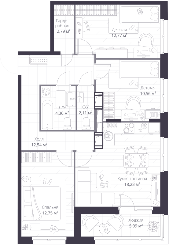 4-комнатная (Евро) квартира, 78.66 м² в ЖК "VEREN NORT сертолово" - планировка, фото №1