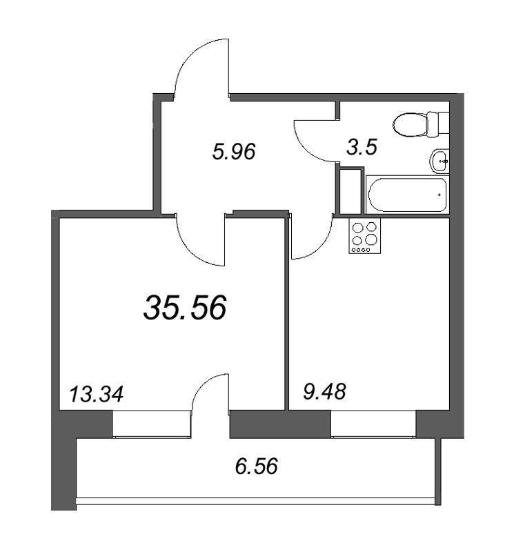 1-комнатная квартира, 35.56 м² - планировка, фото №1