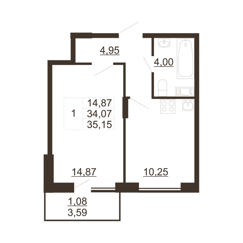 1-комнатная квартира, 35.15 м² - планировка, фото №1