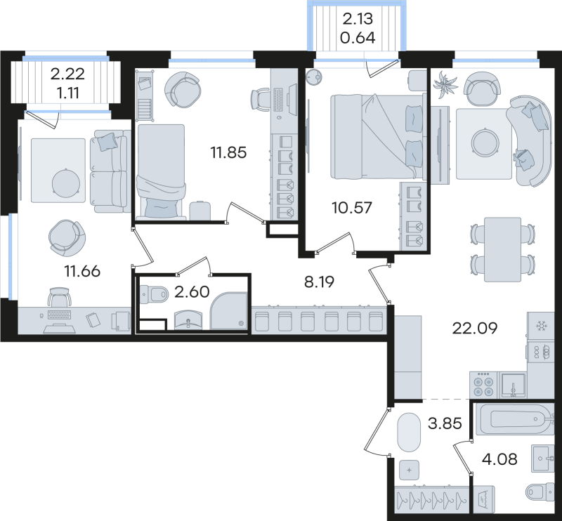 4-комнатная (Евро) квартира, 76.64 м² в ЖК "Романовка" - планировка, фото №1