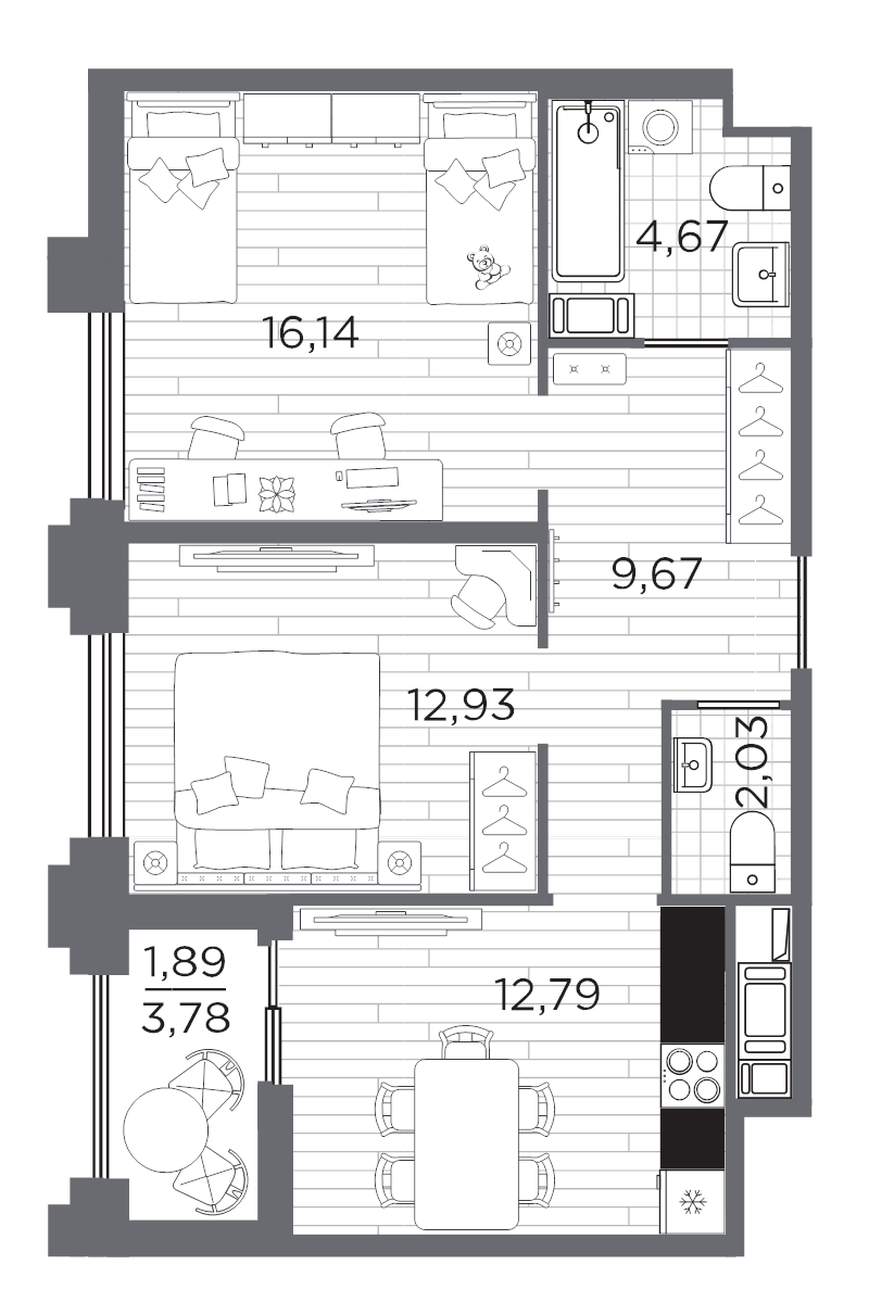 2-комнатная квартира, 60.12 м² в ЖК "Ассамблея" - планировка, фото №1