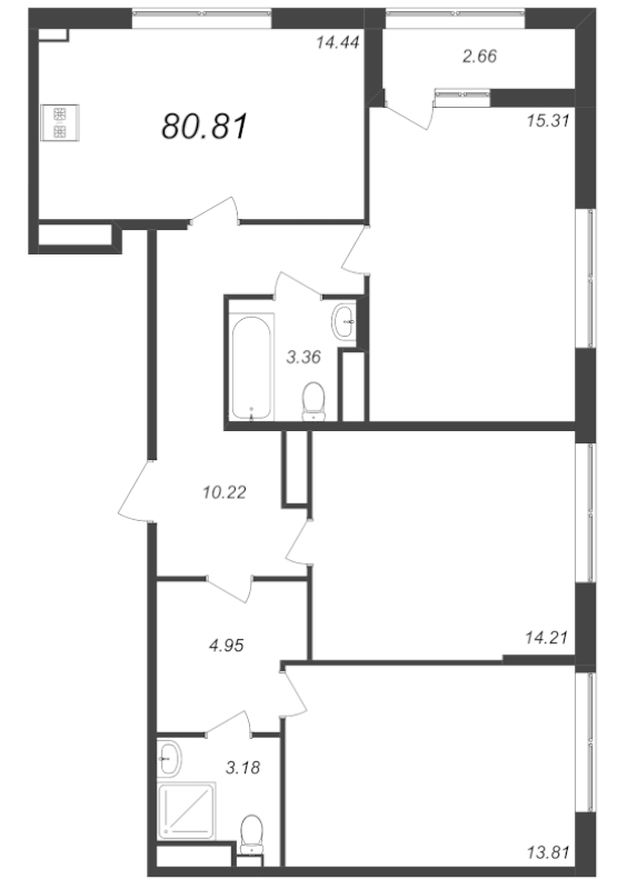 3-комнатная квартира, 80.81 м² - планировка, фото №1