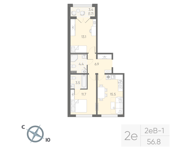 3-комнатная (Евро) квартира, 56.8 м² в ЖК "Пулково Lake" - планировка, фото №1