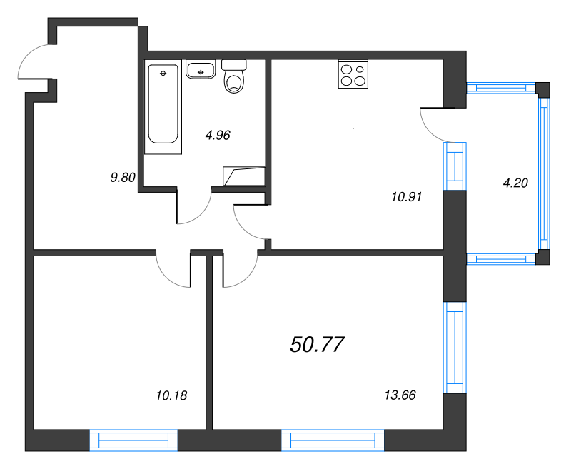 2-комнатная квартира, 53.71 м² - планировка, фото №1