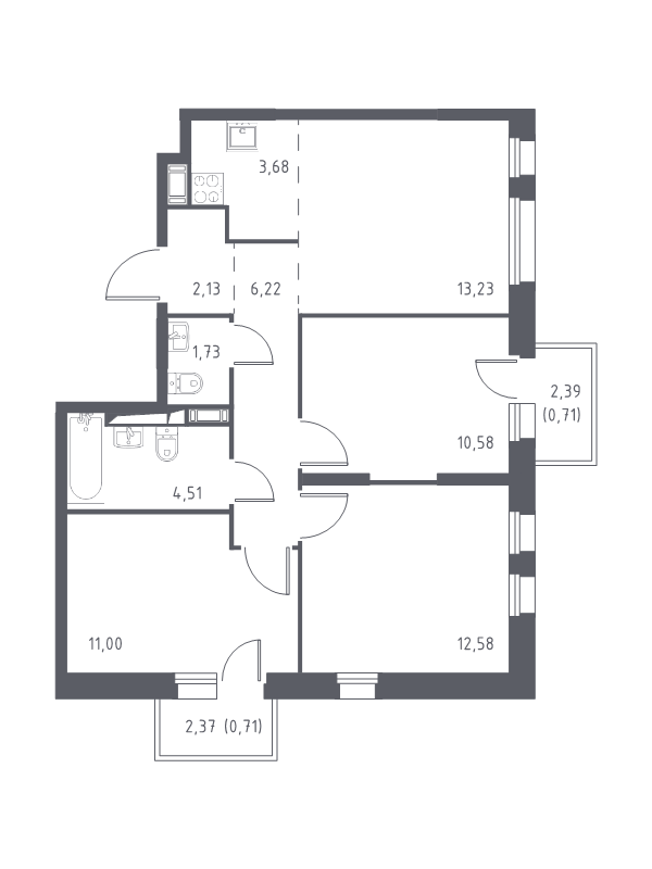 4-комнатная (Евро) квартира, 67.08 м² в ЖК "Новые Лаврики" - планировка, фото №1