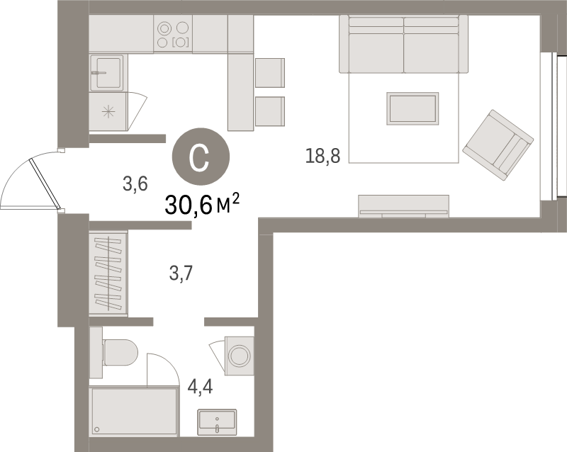 Квартира-студия, 30.6 м² в ЖК "Северный ветер" - планировка, фото №1