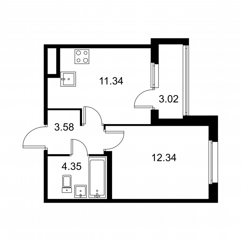 1-комнатная квартира, 33.12 м² в ЖК "Квартал Заречье" - планировка, фото №1