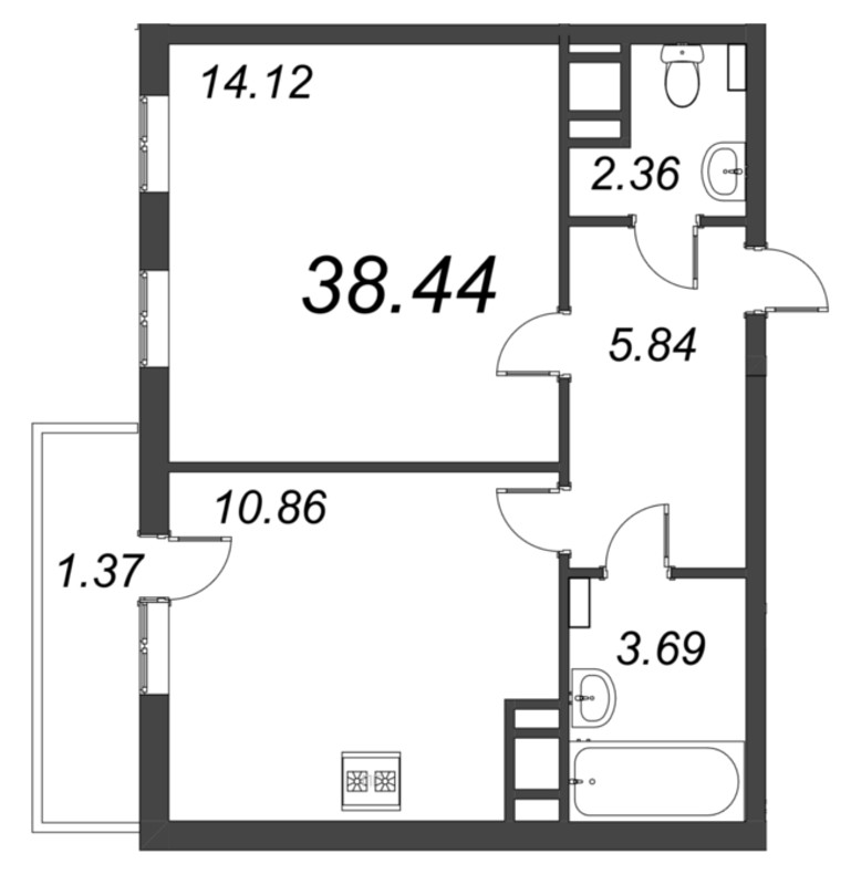 1-комнатная квартира, 38.44 м² - планировка, фото №1