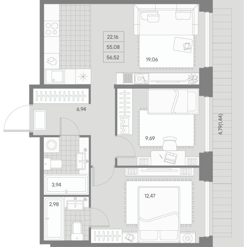 3-комнатная (Евро) квартира, 56.52 м² - планировка, фото №1