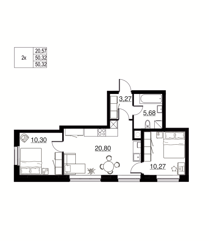 3-комнатная (Евро) квартира, 50.32 м² в ЖК "Соло. Петергоф" - планировка, фото №1