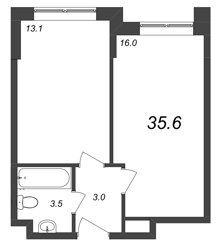 2-комнатная (Евро) квартира, 35.66 м² - планировка, фото №1