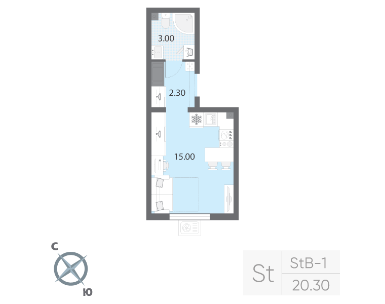 Квартира-студия, 20.3 м² в ЖК "Ручьи" - планировка, фото №1