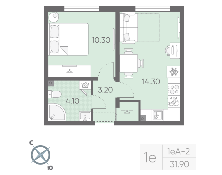 1-комнатная квартира, 31.9 м² в ЖК "Ручьи" - планировка, фото №1