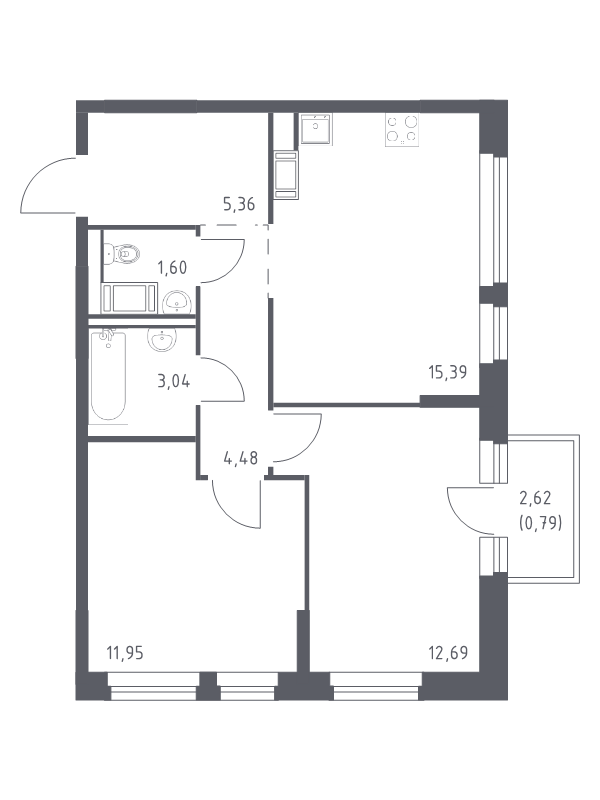 3-комнатная (Евро) квартира, 55.3 м² в ЖК "Новое Колпино" - планировка, фото №1