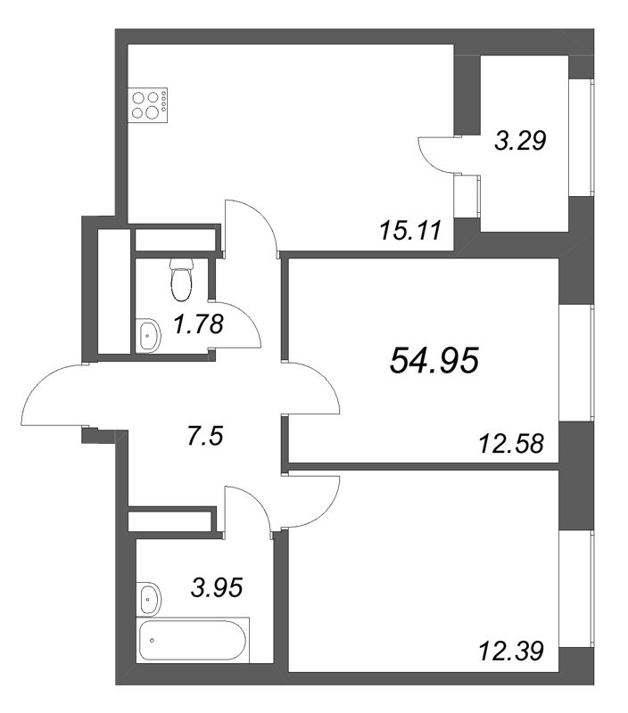 3-комнатная (Евро) квартира, 54.95 м² в ЖК "Аквилон Солар" - планировка, фото №1