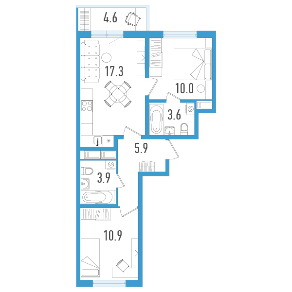 3-комнатная (Евро) квартира, 53 м² в ЖК "Аэросити" - планировка, фото №1