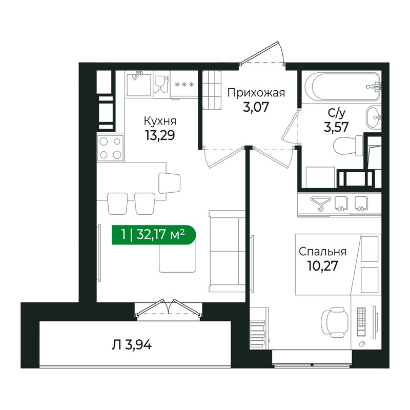 1-комнатная квартира, 29.9 м² в ЖК "Сертолово Парк" - планировка, фото №1