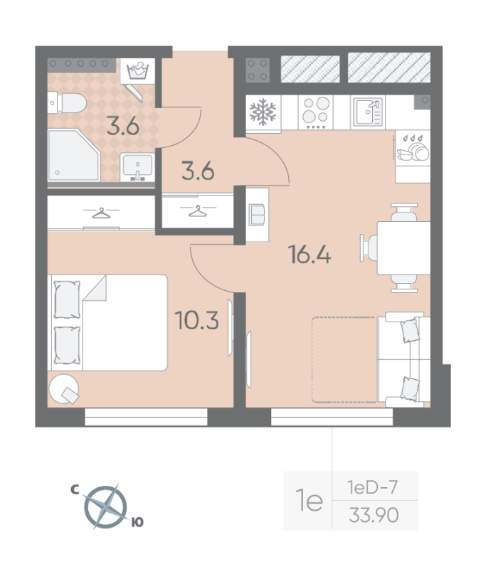 2-комнатная (Евро) квартира, 33.9 м² в ЖК "Пулково Lake" - планировка, фото №1