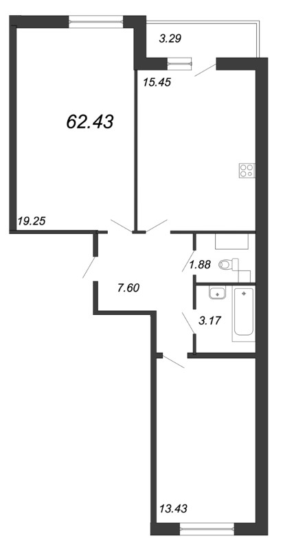 3-комнатная (Евро) квартира, 62.43 м² - планировка, фото №1