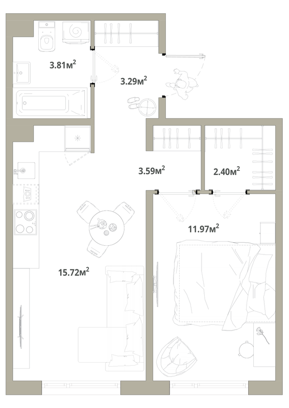 2-комнатная (Евро) квартира, 40.78 м² в ЖК "Тишин" - планировка, фото №1